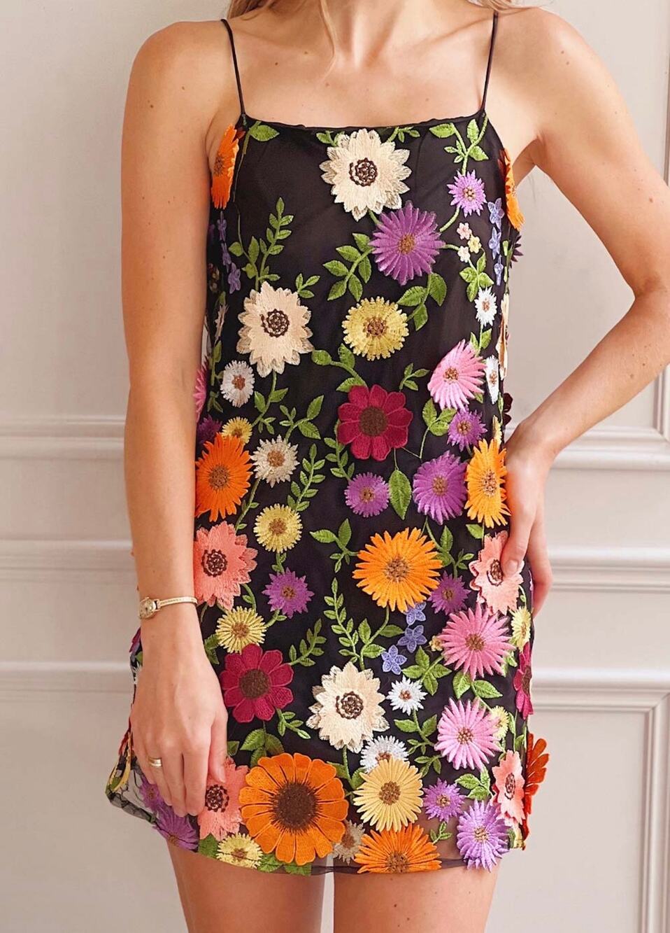 Storia 3D Floral Black Spaghetti Strap Mini Dress Womens Size Large